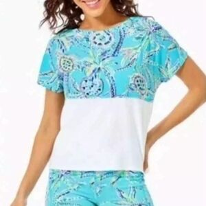 Lilly Pulitzer Womens XS Finn Crop Top Bermuda Blue Turtle Print Dolman Sleeve